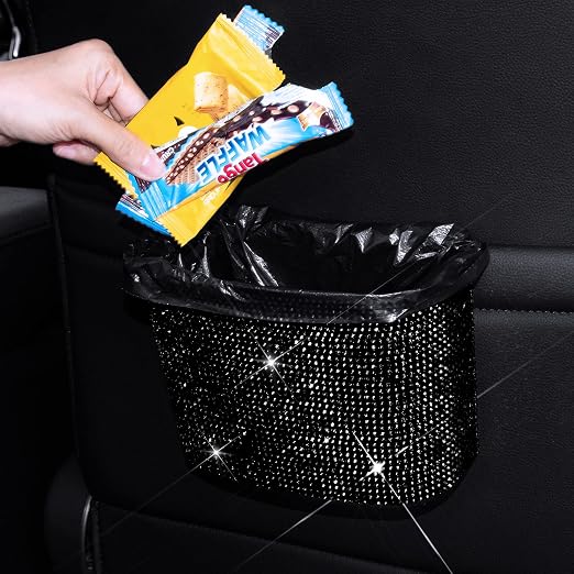 Car Trash Can, Hanging Trash Bin, Leakproof Garbage Organizer, Bling Vehicle Waste Basket, Mini Dustbin Container with Clip for Car, Office, Kitchen, Bedroom, Home and More, Black, Small