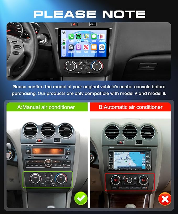 Android Car Radio for Nissan Altima 2008-2012 with Wireless CarPlay Android Auto, 4G+128G 9 Inch Touchscreen Car Stereo Mirror Link GPS Navigation WiFi Bluetooth FM RDS EQ SWC Backup Camera