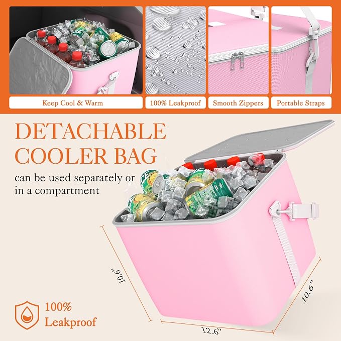 Trunk Organizer, Sturdy Foldable with Cooler for Car & SUV, 3 Compartments, Pink, 30.90”×12.60”×10.63”