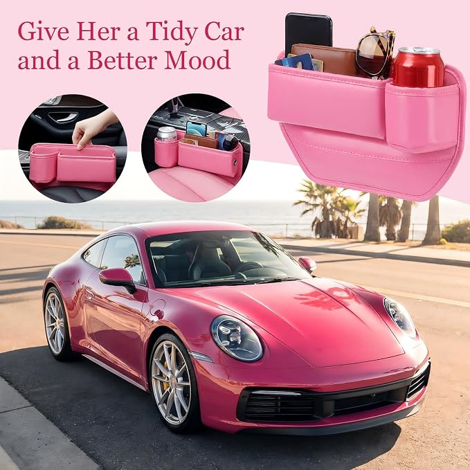 2 Pack Pink Car Seat Gap Filler Organizer with Cup Holder and Storage Leather Car Organizer for Keys Cards Phone Sunglasses and Small Items