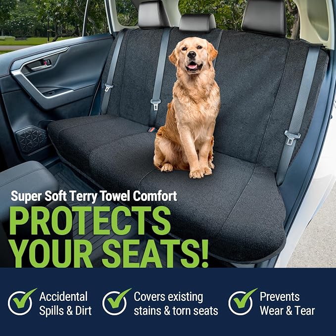 Back Seat Towel Seat Cover for Cars; Great for After Gym Workouts, Dogs, and Outdoor Activities; Universal Fit for Cars SUVs Vans Trucks Rear Seats, EZ fit, Non Slip Grip, Black