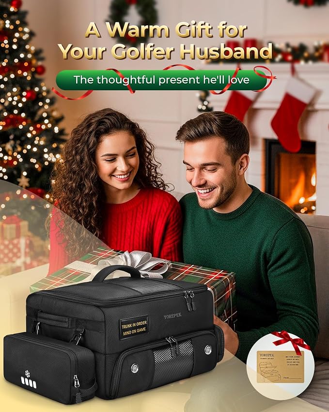 Upgraded Golf Trunk Organizer, Golf Gifts for Men, with Removable Insulated Pouch&Dust-Proof Protective Layer, Multi-Compartment fits 2 Pairs of Shoes, Golf Accessories