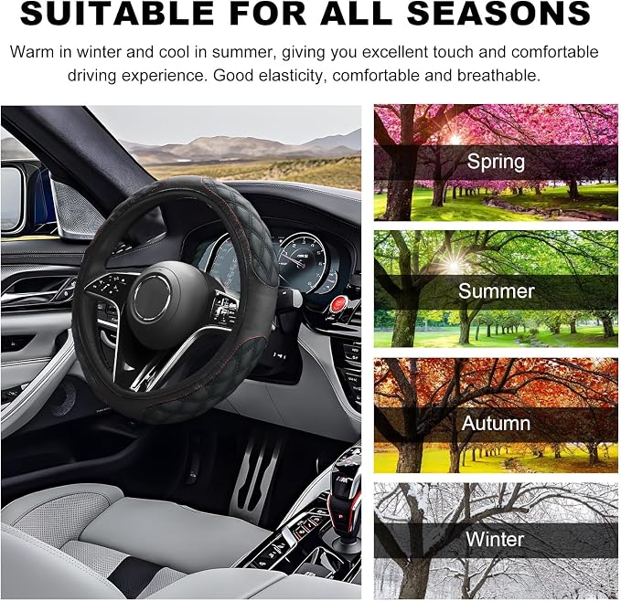 Car Steering Wheel Cover, 15 Inches Non-Slip Leather Steering Wheel Protector, Universal Soft Cover Mats for Car Truck SUV, Interior Car Accessories (Black)