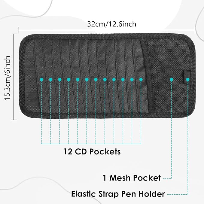 Trinkrittey Black Car CD Case Holder DVD Vehicle Visor Storage Orangizer Large Capacity CD Visor Case with 12 DVD Storage Sleeves 1 Mesh Pocket 1 Pen Holder and Elastic Strap