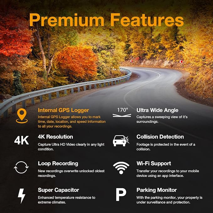 V1-4K Ultra HD GPS Dash Cam 2.4” LCD, Wi-Fi, 170° Wide Angle, G-Sensor, WDR, Loop Recording, Supercapacitor, Mobile App, CPL Filter, Supports 256GB