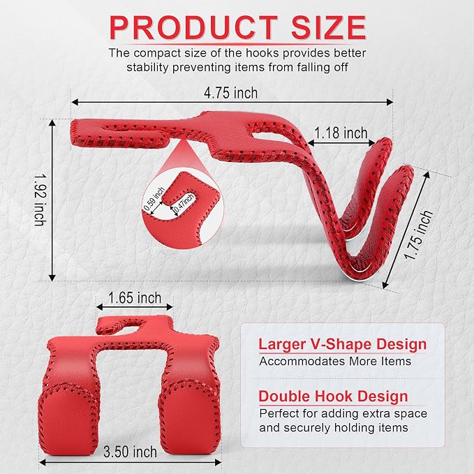 Upgraded Superior Leather Car Seat Back Headrest Hook, 2 in 1 Auto Seat Hook Hangers Holder Organization Interior Accessories for Purses Coats Umbrellas Grocery Bags Handbag (Red)