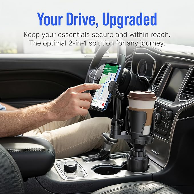 2-in1 Car Cup Phone Holder, 360°Rotation Cup Holder Expander with Phone Mount, Cup Phone Holder for Car Fits All 4-7" iPhone Galaxy Smartphones, Cup Holder Insert for 10-46 OZ Bottles