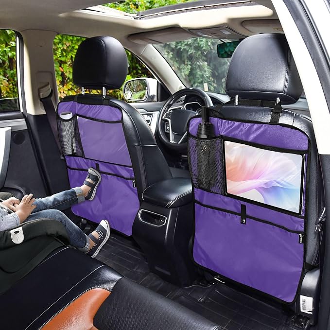 Dark Purple Car Seat Organizer for Kids Backseat Kick Mat with Adjustable Strap Back of Seat Protector for SUV Car Vehicle 2 Pcs