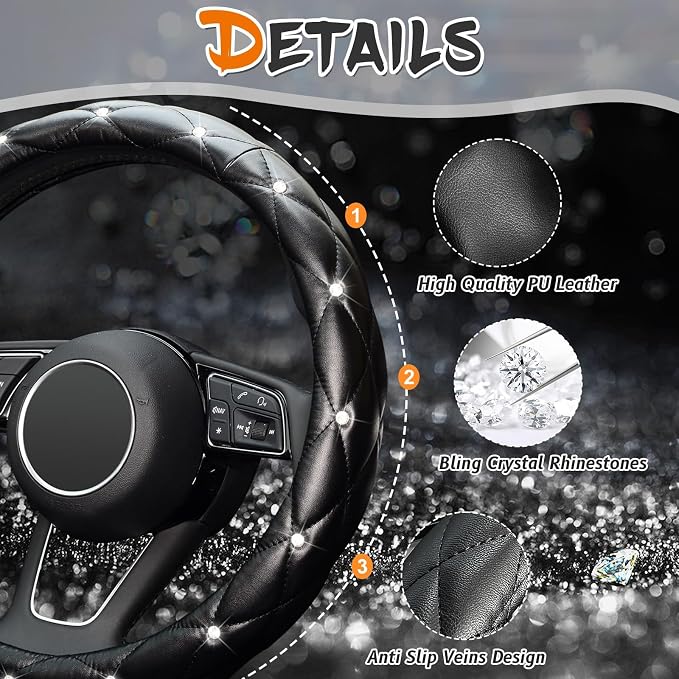 Diamond Soft Leather Steering Wheel Cover with Bling Bling Crystal Rhinestones, Universal 15 inch Anti-Slip, Car Interior Accessories for Women Girls, Black