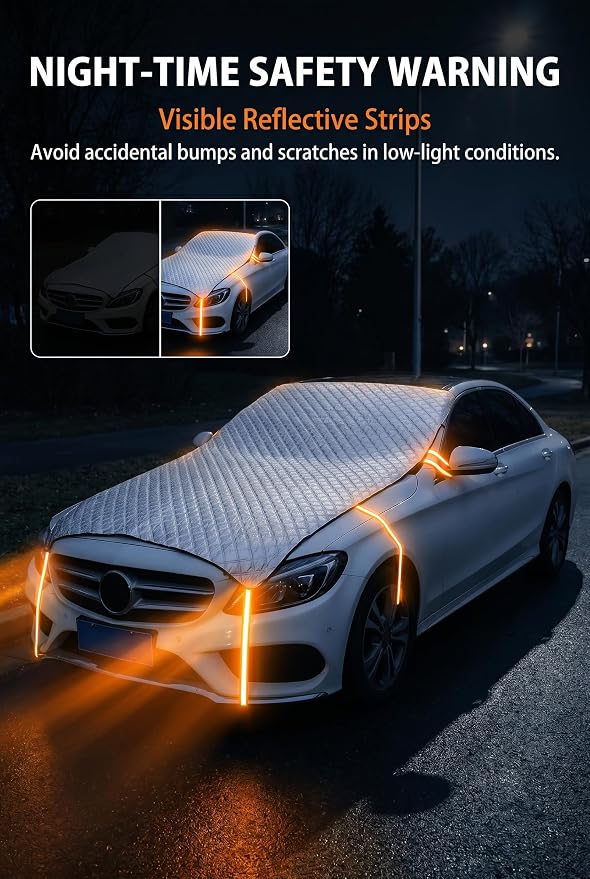 Half Car Cover, Windshield Cover for Ice and Snow, Hail Protector Car Covers, Aluminum Foil Heat Block Sunshade Hood Covers, Universal for Most Cars, SUVs, Trucks (Silver)
