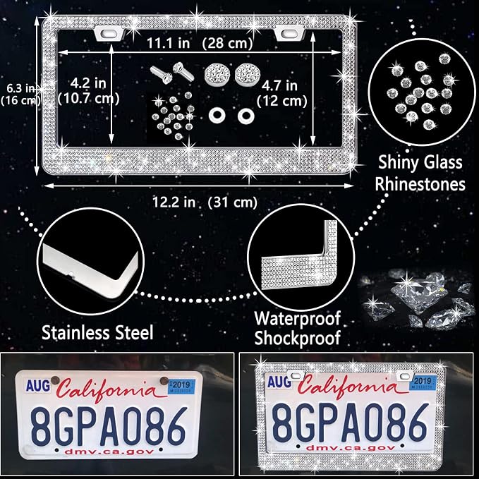 27 PCs Bling Car Accessories Set for Women, Steering Wheel Covers Universal Fit 15 Inch, Bling License Plate Frame, Bling Phone Holder, Bling Car Coasters (Silver Diamond)