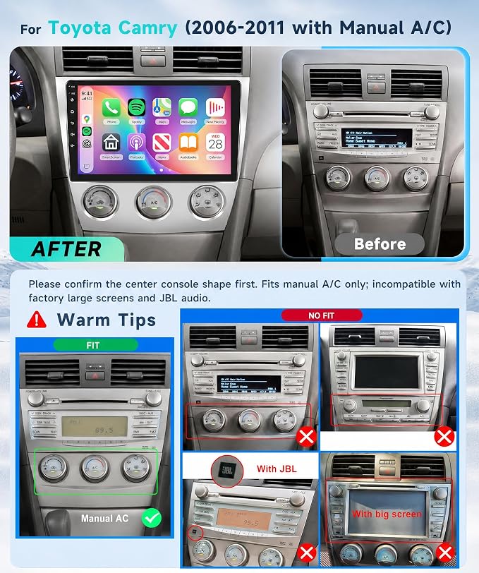 4 Core 64G Car Stereo for Toyota Camry 2006-2011 Manual A/C, 10.1’’ HD Incell Touch Screen Android 13 Radio, Wireless Carplay Android Auto,5G WiFi,GPS,Bluetooth 5.0,FM,32 EQ,Backup Camera