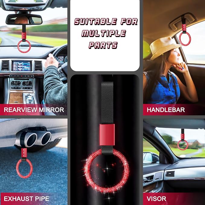 Bling Car Accessories Bling Round Handle Ring Car Accessory for Women Hand Strap Drift Charm Rear Bumper Warning Ring Decor for Auto Bus Interior Exterior Decoration(Red, Round Style)