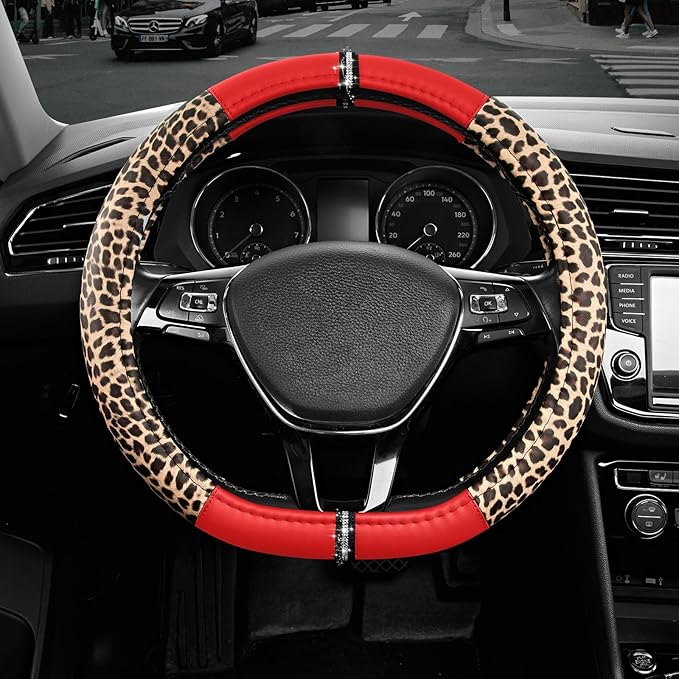 Leopard Steering Wheel Cover for Women, Cute Anti-Slip Microfiber Leather, Fits D Shape Flat Bottom Steering Wheel 14.5-15 Inch - Red