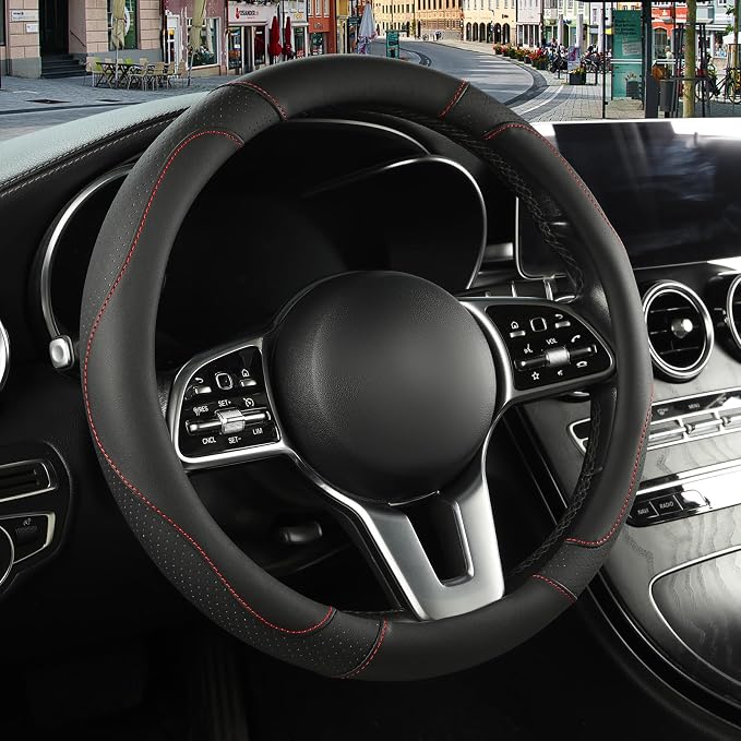 Black Breathable Microfiber Leather Steering Wheel Cover | Breathable Anti Slip Grip Cool Sporty Look Glow for Women Men