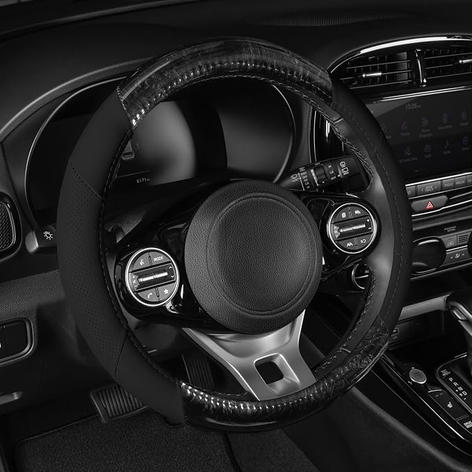 BurlwoodLux Wood Grain and PU Leather Black Steering Wheel Cover - Sport Grip for Car Auto SUV Trucks