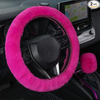 Furry Car Steering Wheel Cover with Gear Shift Cover, Soft and Warm, Cute Fluffy Auto Decor for Women Men, Standard Size, 2 PCS Set, Magenta