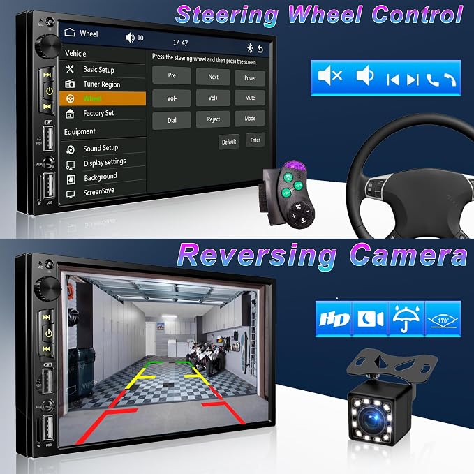 7 inch Double Din Car Stereo with Wireless Apple CarPlay, Android Auto Car Radio, Bluetooth 5.2, IPS 1024 * 600 Touchscreen, Backup Camera, FM Radio,Dual USB/Fast Charging/Subwoofer/Car Play