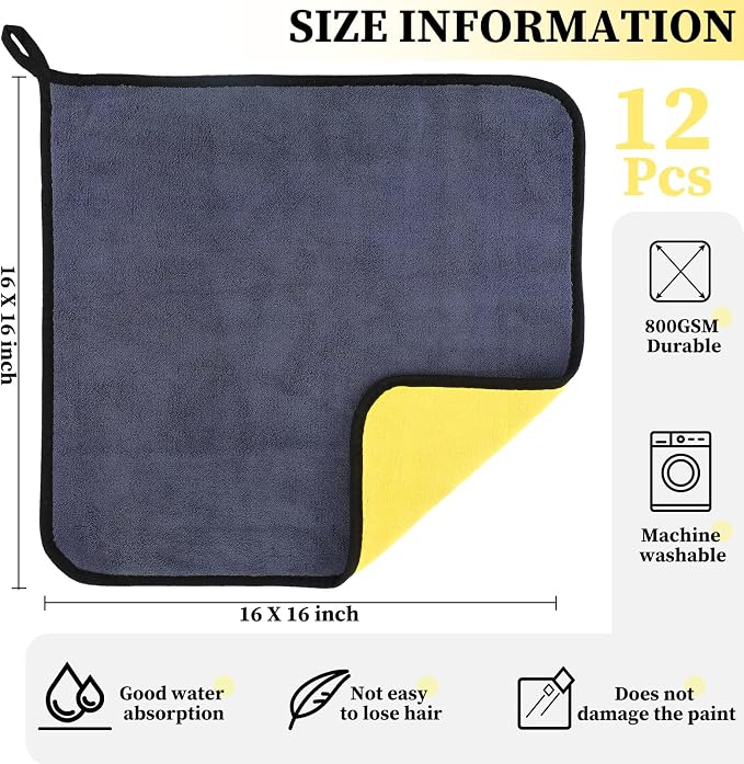 12 Pcs Microfiber Towels for Cars, 800 GSM Plush Drying Cleaning Cloth Bulk, 16 x 16 Inch Thick Absorbent Wash Detailing Towels for Car Polishing, House, Kitchen Cleaning(Yellow and Gray)