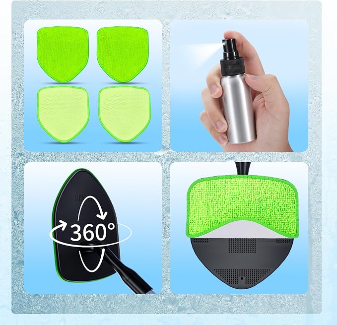 XINDELL Windshield Cleaner Tool, Car Window Cleaning Kit with 4 Reusable Microfiber Pads, Extendable Handle & 360° Rotating Head, Safety Hammer, Streak-Free Auto Glass Wiper for Car Truck SUV RV