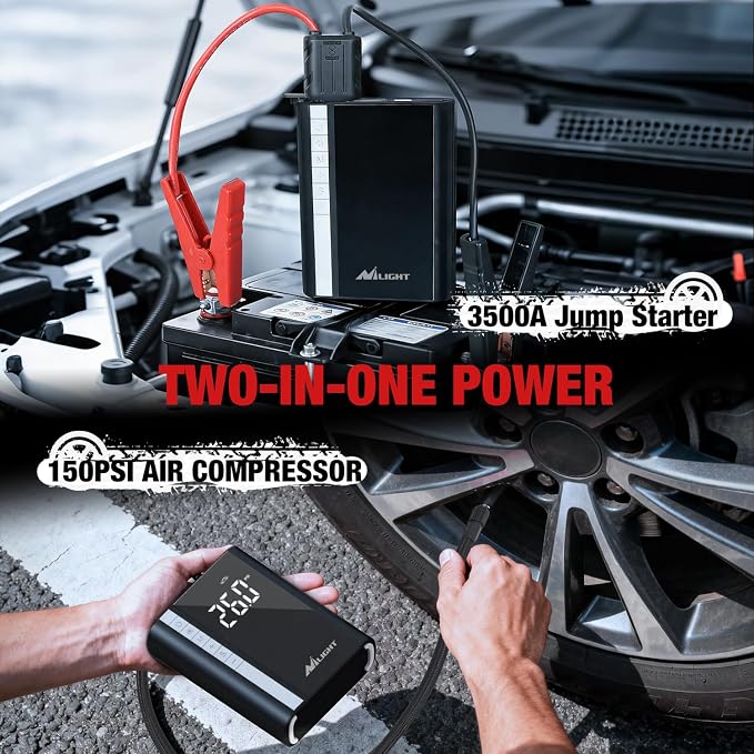 Jump Starter with Air Compressor 3500A 150PSI Portable Car Battery Booster 9.0 Gas & 8.0L Diesel with Auto-Shutoff Digital Tire Inflator 12V Battery Power Supply w/Large LCD Display