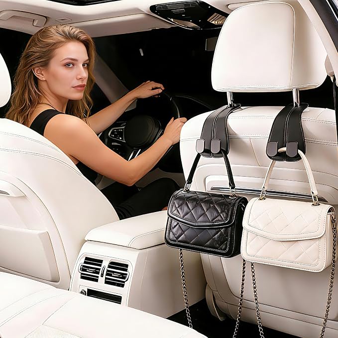 2 Pack Car Headrest Hooks for Purses and Bags Cute Leather Car Seat Back Head Rest Double Hooks for Bags Cute Pink Beige Car Accessories Headrest Back Seat Handbags Hook (Black 2 Pack)