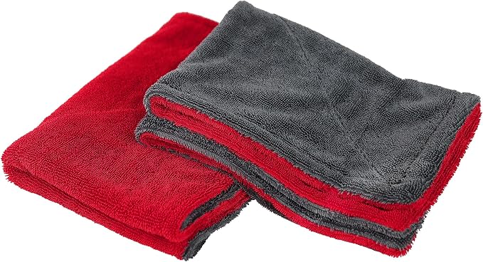 2 Pack Car Drying Towel, Premium Microfiber Towels for Cars, 1000GSM, Edgeless Twisted Loop Design, No Streaks, Scratches, or Water Spot, Absorbent Wash Towel, 18" x 24" (Red&Grey)