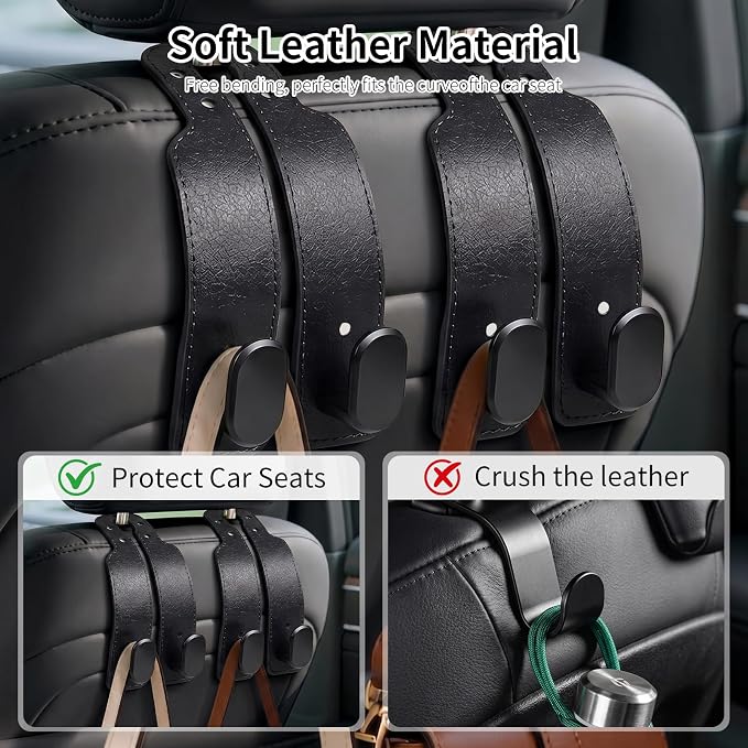 4 Pack Headrest Hooks for Car, Universal Leather Car Seat Back Hooks for Purses and Bags, Durable Car Purse Holder & Backseat Organizer Hanger for Handbags, Grocery Bags, Coats, Accessories, Black