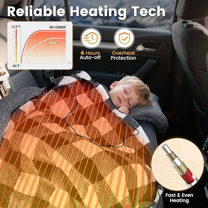 Car Heated Blanket, 12-Volt Portable Heated Car Blanket with 4 Heating Levels & 4 Hours Auto Off for Car, Truck, SUV, RV or Camping, Travel, Machine Washable, 59" X 43", Plaid