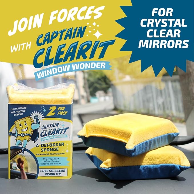 Captain Clearit Window Cleaner Sponge for Windshields, 2 Pack | Car window cleaner tool, non-scratch sponge for fog, steam, condensation, mirrors, glass, boats and bathroom surfaces