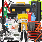 98 PCS Roadside Car Emergency Assistance Kit with Portable Air Compressor Jumper Cables Safety Hammer All in One Pliers Tool Set（Black）
