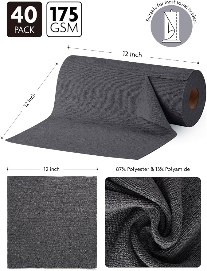 Microfiber Cleaning Cloth Roll -40 Pack, Tear Away Microfiber Towels, 12" x 12", Reusable, Washable, Scratch Free, Ultra Absorbent for All-Around Cleaning Supplies (DimGrey)