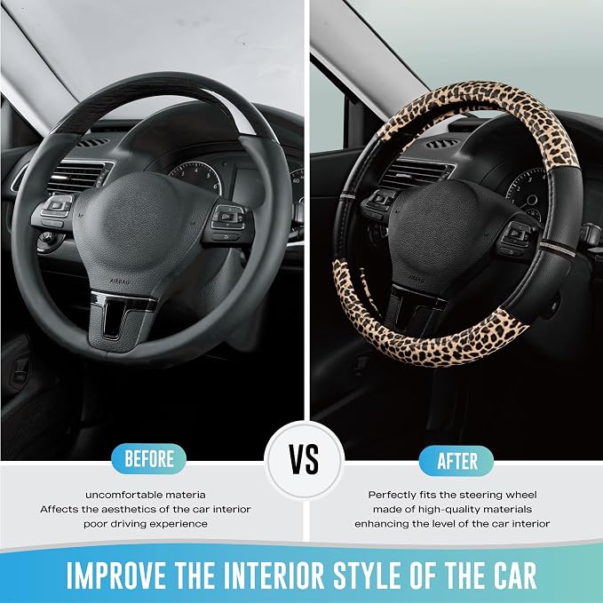 Leopard Steering Wheel Cover for Women, Cute Anti-Slip Microfiber Leather, Universal Fit 14.5-15 Inch Round Steering Wheel - Black