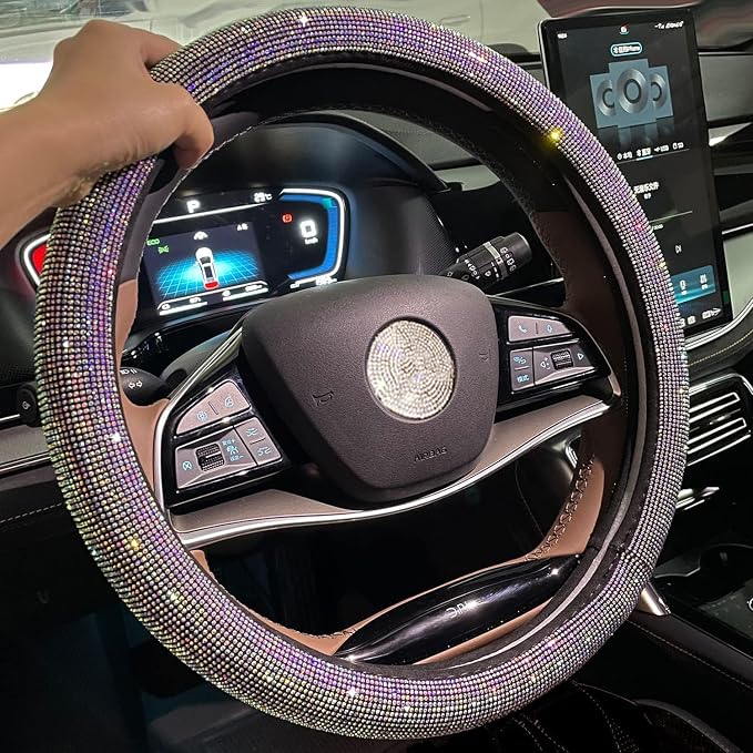 Car Bling Steering Wheel Cover for Women Girls 15 Inch Universal Colorful Crystal Rhinestone Diamond Rainbow Bling Accessories Anti Slip Wheel Protector Sparkling, Black