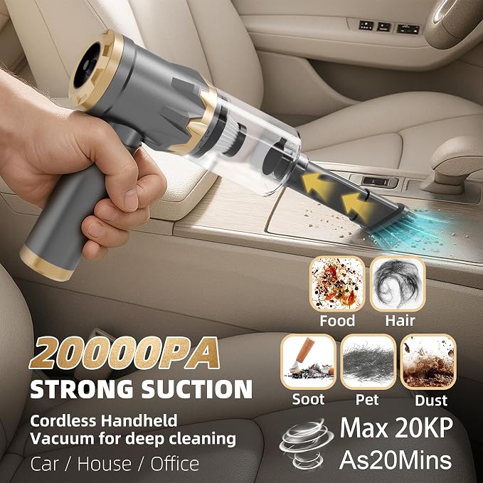 Car Portable Vacuum Cleaner, 20000PA Cordless Handheld Vacuum with Brushless Motor, 3-Speed Mode, 4-in-1 Air Duster & Air Blower for Car, Home, Office, Camping - Grey