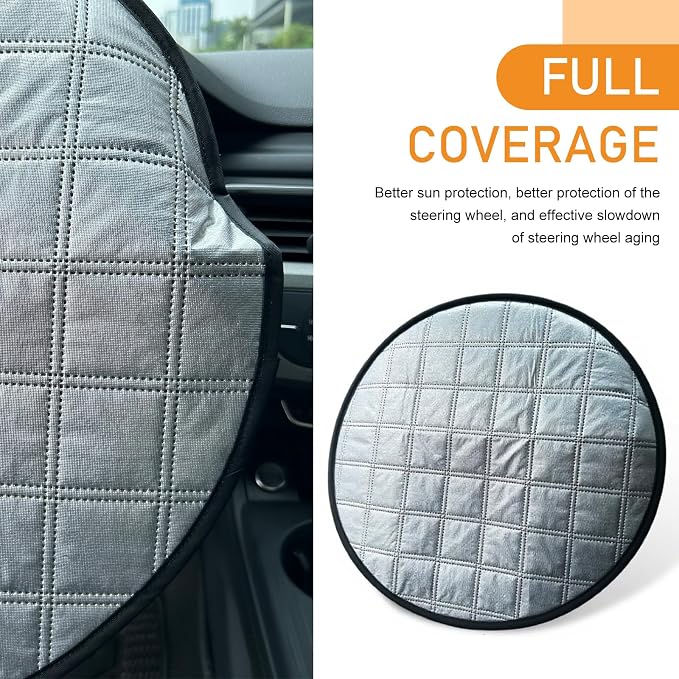 Shakas Car Steering Wheel Cover Sun Shade, Aluminum Film Car Wheel Cover Heat Insulation Cooling, Thickened Anti-aging Foldable Reflective Protector, for Most Cars SUV Truck Van (Silver)
