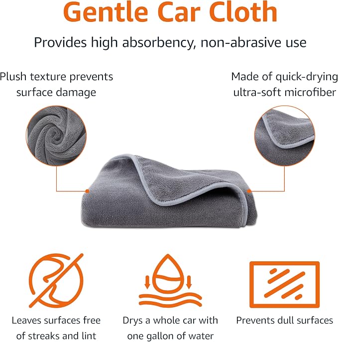Super Absorbent Microfiber Car Drying Towel, Streak-Free, Non-Abrasive, 36"L x 25"W, Gray