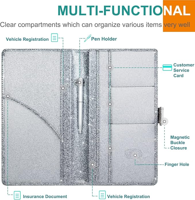 Car Registration & Insurance Holder - Leather Glove Box Organizer, Cool Accessories for ID, Driver's License Cards & Essential Documents, Men & Women, Glitter Gray