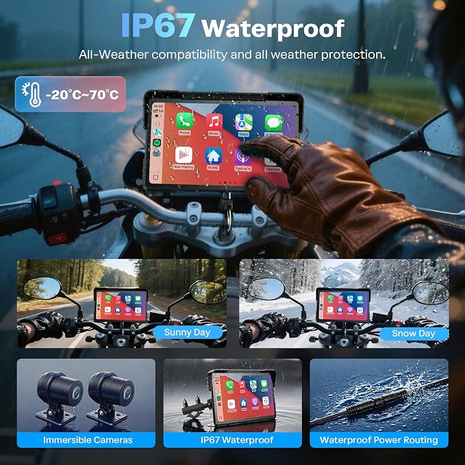 Motorcycle CarPlay Screen with Android Auto – 7” Waterproof GPS, Pantalla para Moto, Apple CarPlay, Navigation System for Motorcycle, Dual 2K Dash Cam Bluetooth Audio,64GB&TPMS with Magnetic
