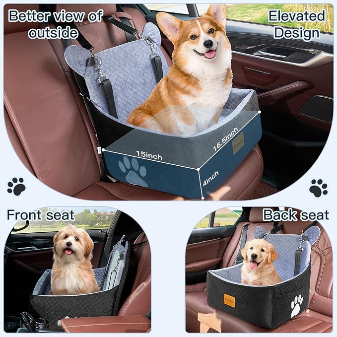 Dog car Seats for Small/Medium Dogs up to 33lbs- Washable, Waterproof, Dog Booster & car Seats with 2 Easy-Install Safety Belts, Non-Slip Base & Storage Pocket(Grey Black).