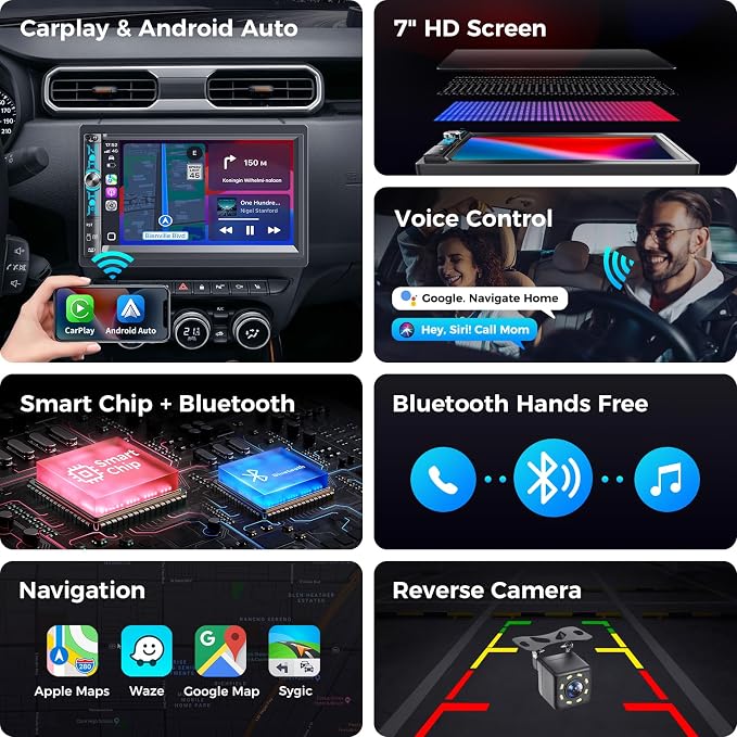 7" Double Din Car Stereo with Wireless Apple Carplay & Android Auto, Bluetooth, 240W, SWC, Subwoofer Out, Mirror Link, USB-C/AUX/TF, FM/AM Car Radio Receiver, Backup Camera