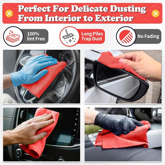 Shop Towels, Red Microfiber Cleaning Cloth Bulk, 200 Pack Microfiber Towels for Cars, All-Purpose Absorbent Cleaning Rags, Dust Cloth for Automotive, Mechanic, Garage, Bar, 11.5 x 11.5 inch