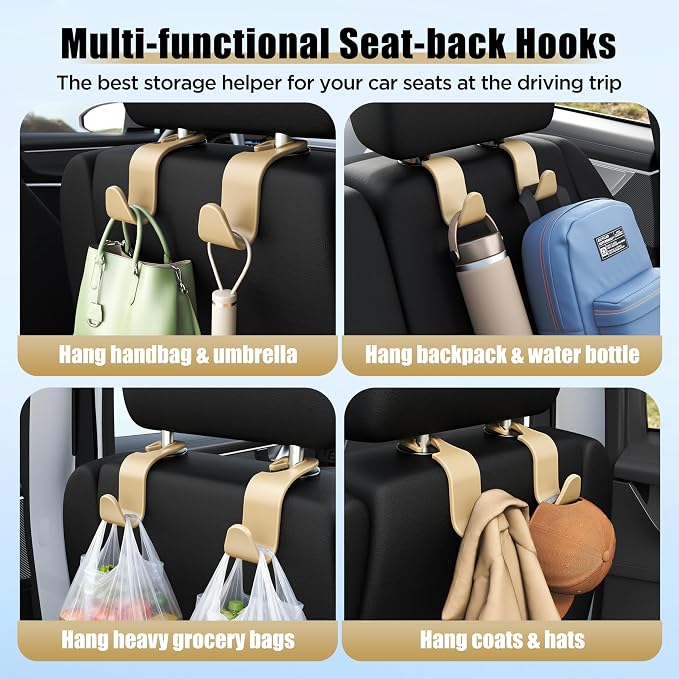 Car Seat Headrest Hook 4 Pack Hanger Storage Organizer Universal for Handbag Purse Coat Universal fit Vehicle Car Beige with Clip