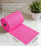 KitchLife Microfiber Cleaning Cloth Roll, 100 Pack - Tear-Away Microfiber Paper Towels, Lint-Free, Reusable, Washable for Kitchen, Car, Dishes, and Sensitive Surfaces (Hot Pink)