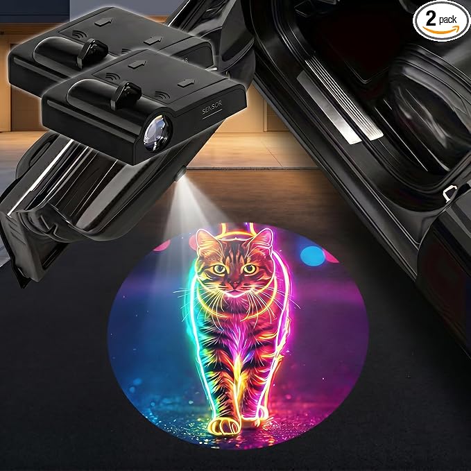 2PCS Neon Cat Car Door Lights Projector, Magnetic Logo Projector Door Lights, Wireless LED Welcome Puddle Light, Neon Cat Car Accessories Decor, Cats Gifts for Women Men, Fit All Vehicles
