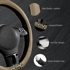Steering Wheel Cover - Flat Bottom Wheel Cover Made with PVC Leather and Leopard Fabric - Universal Fit for 15-Inch D-Shaped Automotive Steering Wheels (Beige Color)