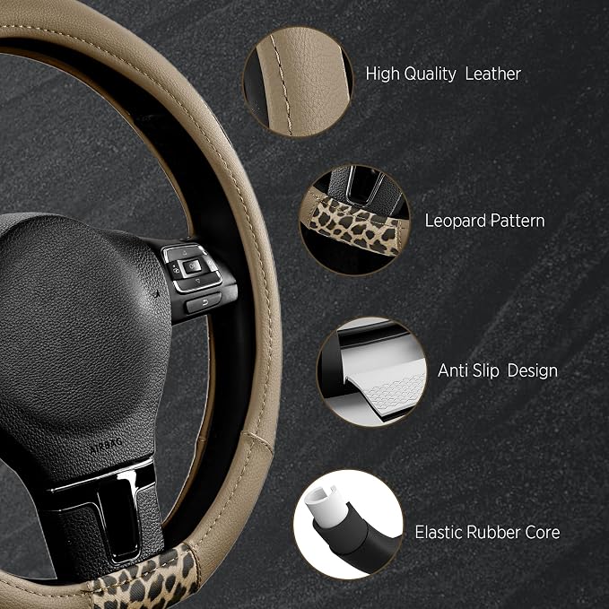 Steering Wheel Cover - Flat Bottom Wheel Cover Made with PVC Leather and Leopard Fabric - Universal Fit for 15-Inch D-Shaped Automotive Steering Wheels (Beige Color)