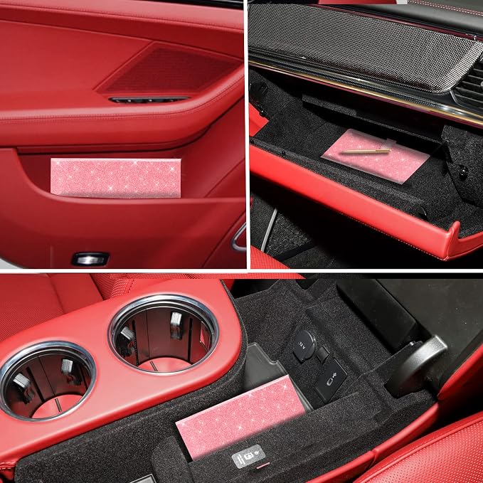 Car Registration and Insurance Card Holder, Vehicle License Document Glove Box Compartment Organizer, Interior Car Accessories for Women Men (Glitter Pink)