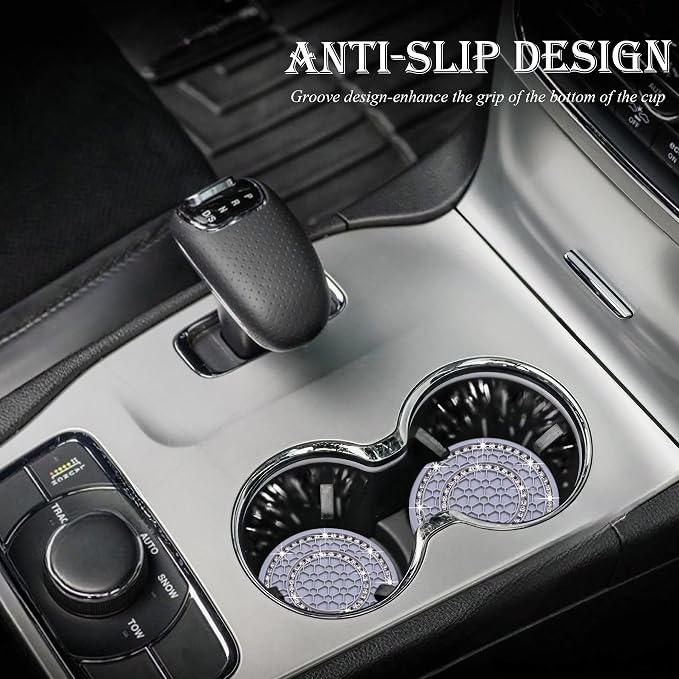 2PCS Bling Crystal Rhinestone Cup Holder Coaster, 2.75 inch Soft Silicone Anti-Slip Shockproof, Car Cup Holder Insert Coasters, Universal Car Interior Accessories for Women (Gray & White)