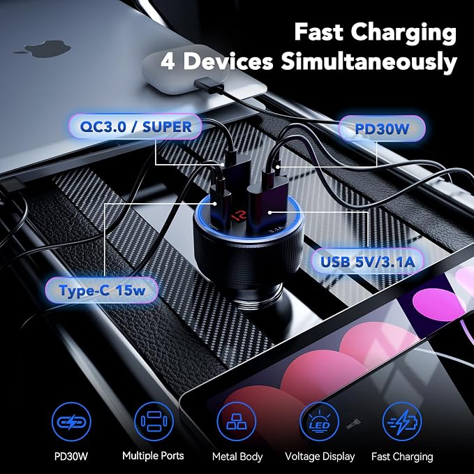 4-Port USB C Car Charger Fast Charging, Car Phone Charger Adapter with 30W PD & QC3.0 Dual USB C & USB A Port Real-Time LED Voltmeter 12V/24V Cigarette Lighter Adapter for iPhone Galaxy & Android